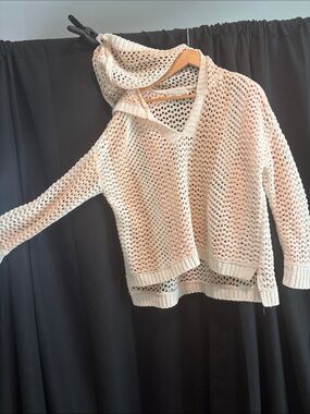 Light Pink and  Cream Open-Knit Hooded Sweater